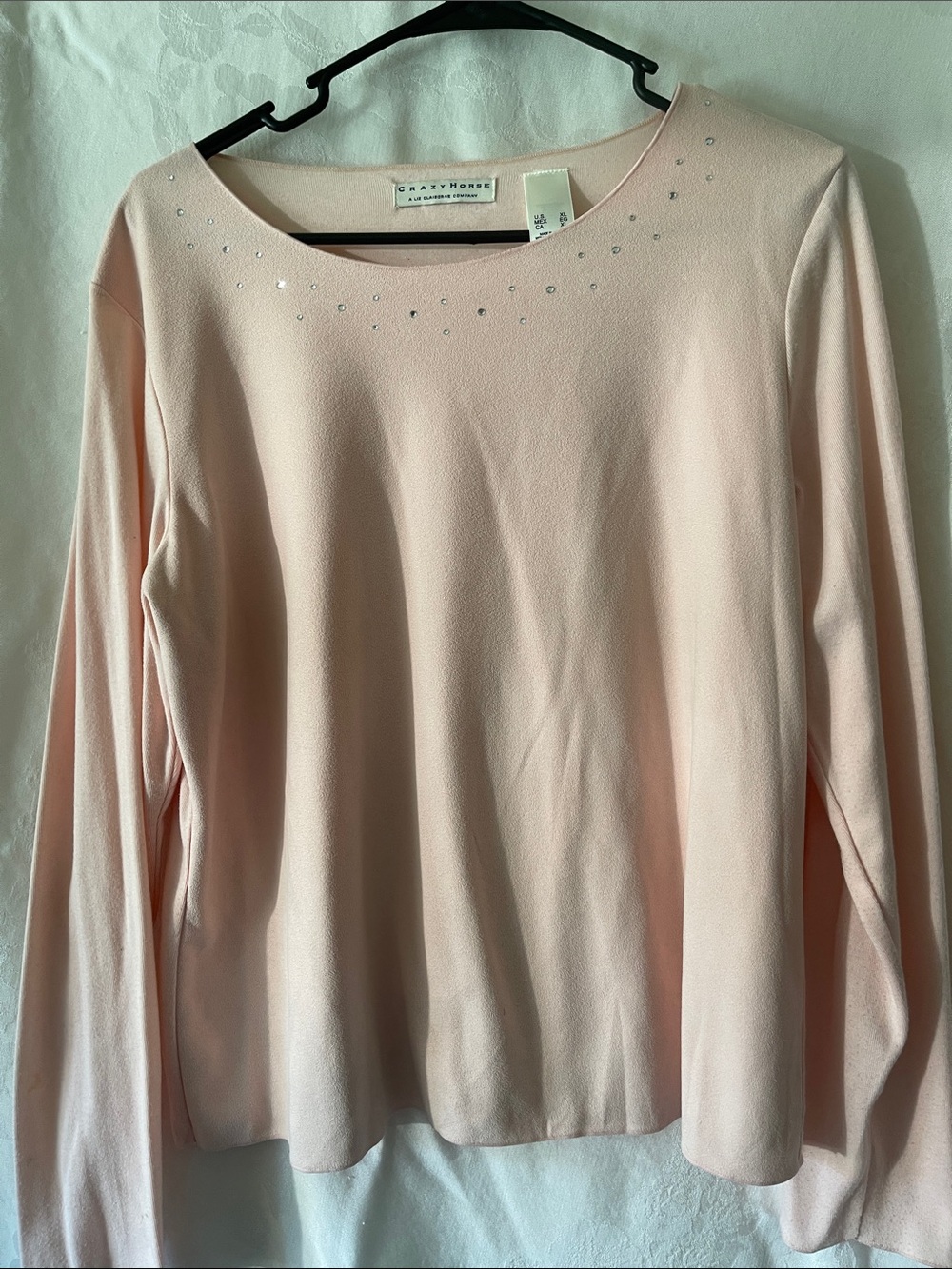 Liz Claiborne Pale Pink Long-Sleeve Top with Rhinestone Neckline